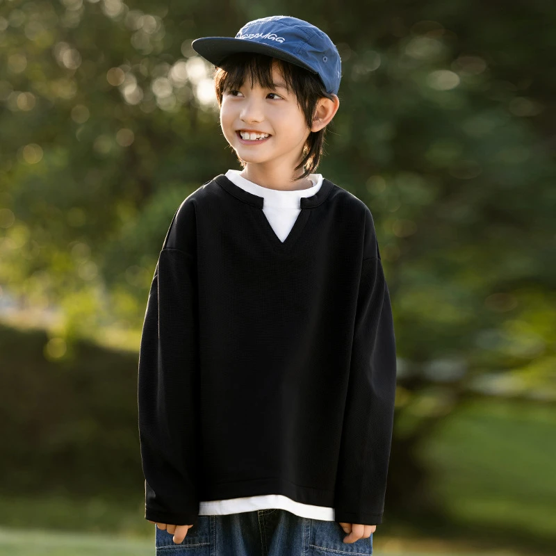 吉米妈【内外】春季新款拼接撞色男童假两件长袖T恤宽松休闲SW2515