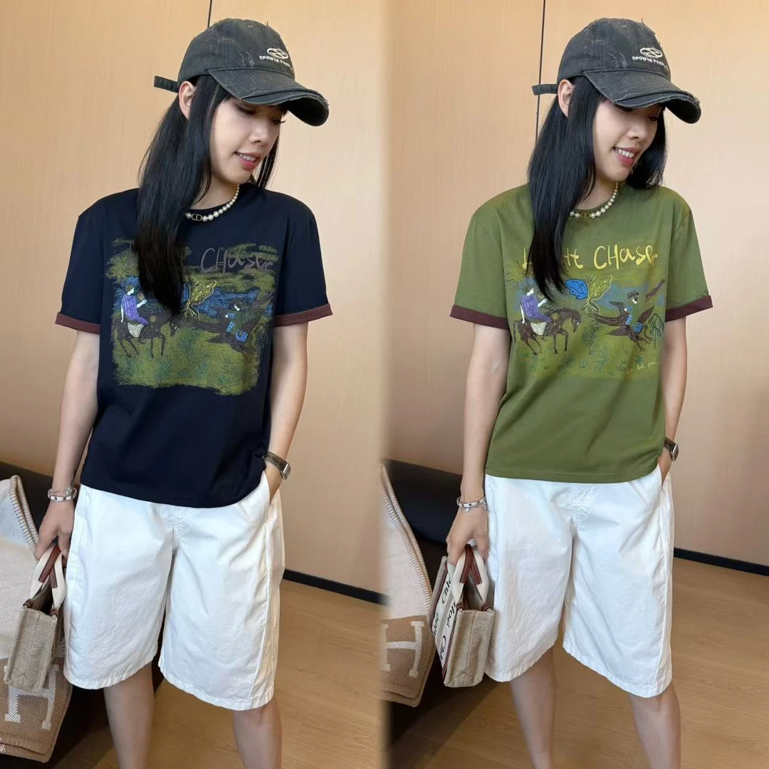 二姐的宝藏夏季宽松显瘦设计感复古印花圆领短袖T恤#25256