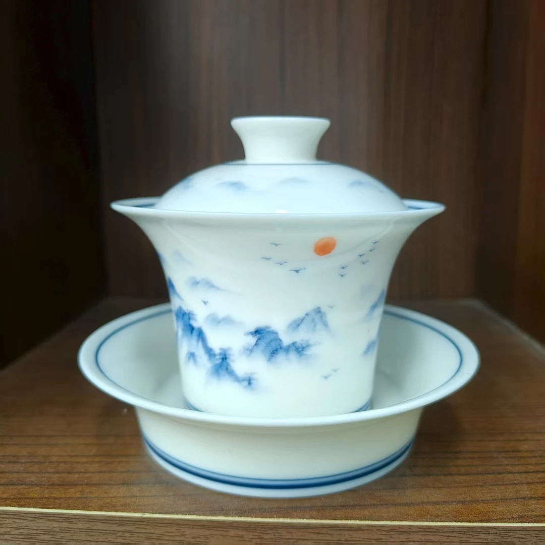 手绘羊脂玉旭日东升马蹄三才盖碗家用高档功夫茶具泡茶碗0906