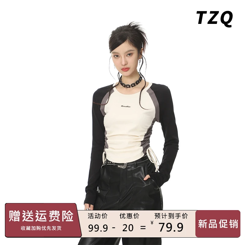 美式撞色插肩长袖T恤女秋辣妹抽绳修身短款不规则上衣TZQ2580921