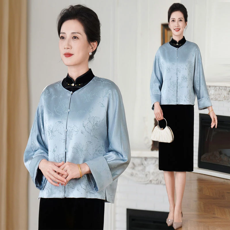 秋季新款中式减龄外套百搭旗袍开衫高级感醋酸缎面新国风上衣短款