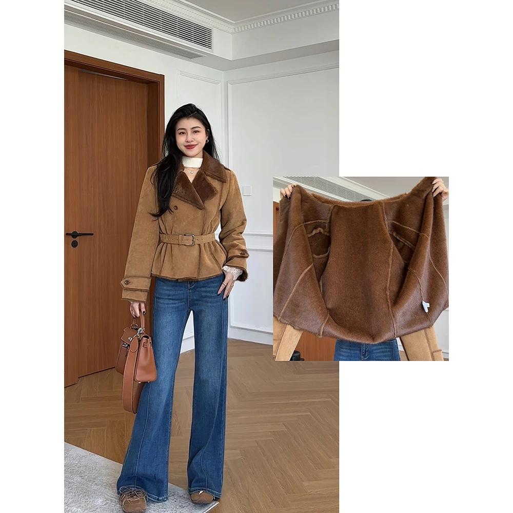 张阿星【冬日暖咖】复古翻领皮毛一体短款收腰加厚外套W425A19580