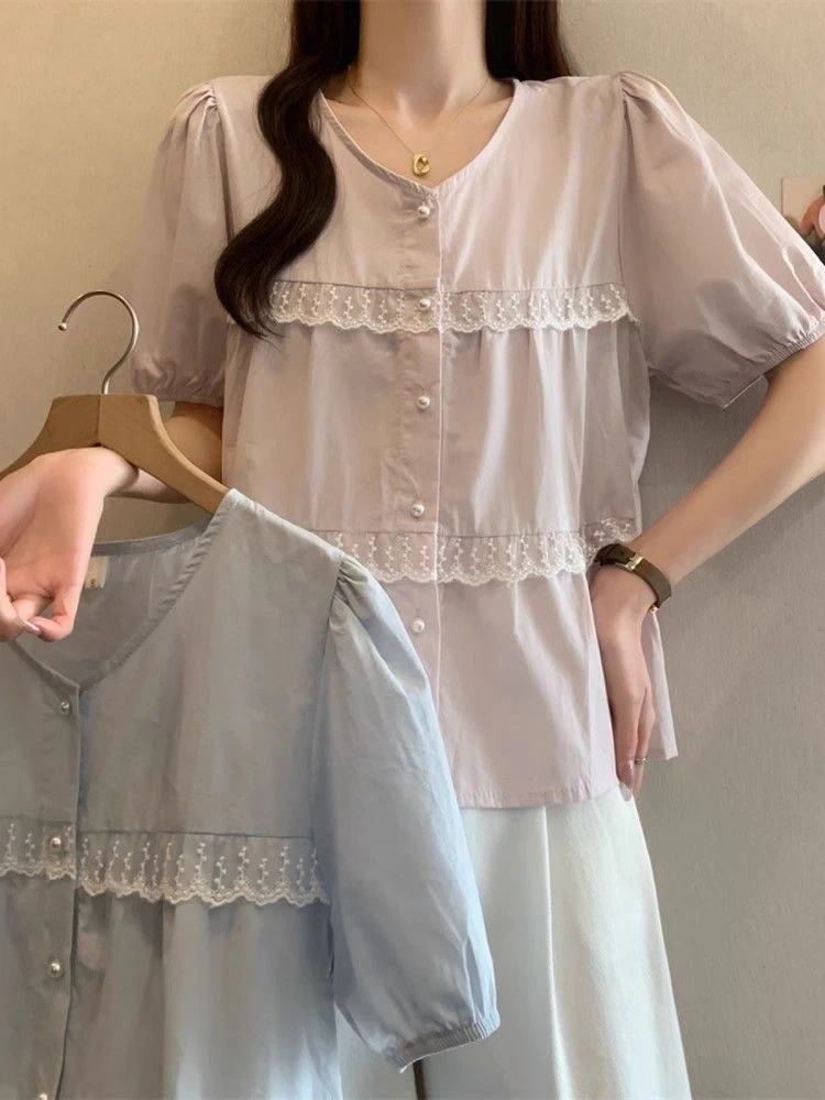 大码女装法式复古蕾丝花边短袖衬衫夏季新款胖MM显瘦宽松小衫