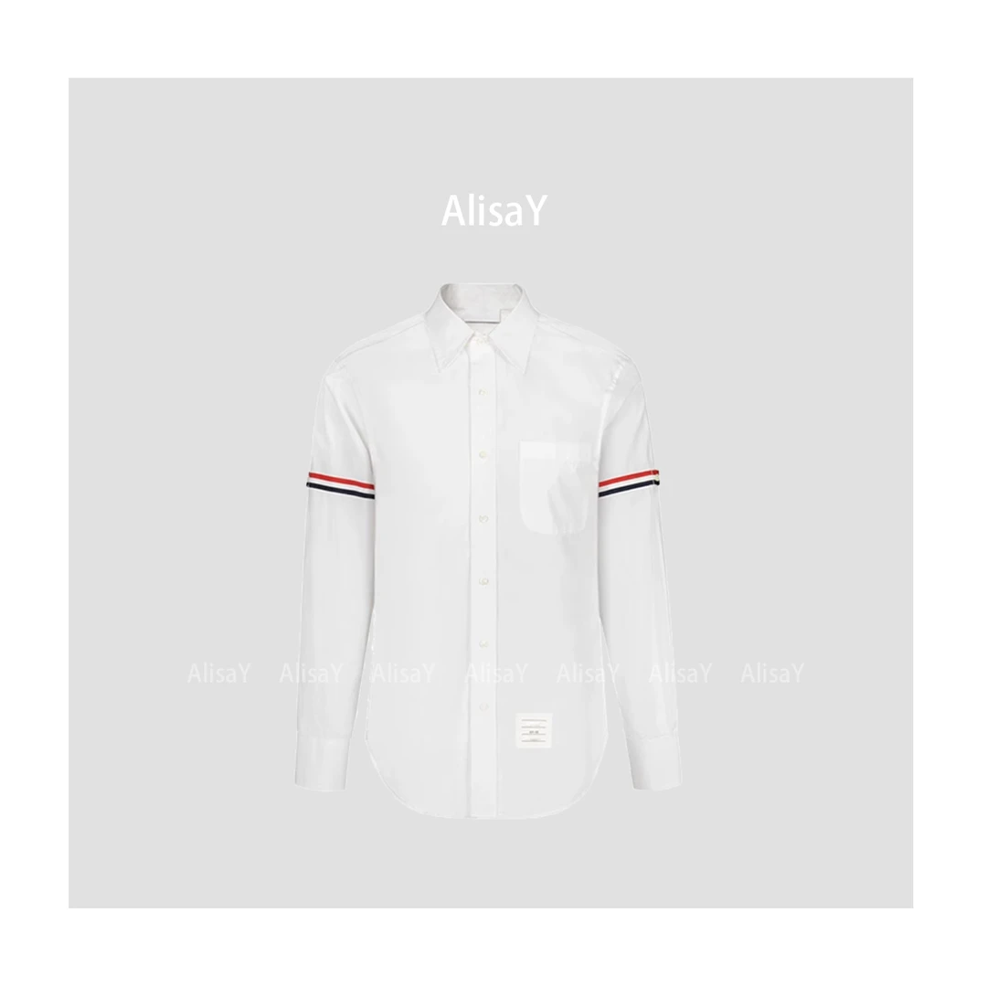 双袖标衬衫白色衬衫春夏衬衫经典色织白色衬衫