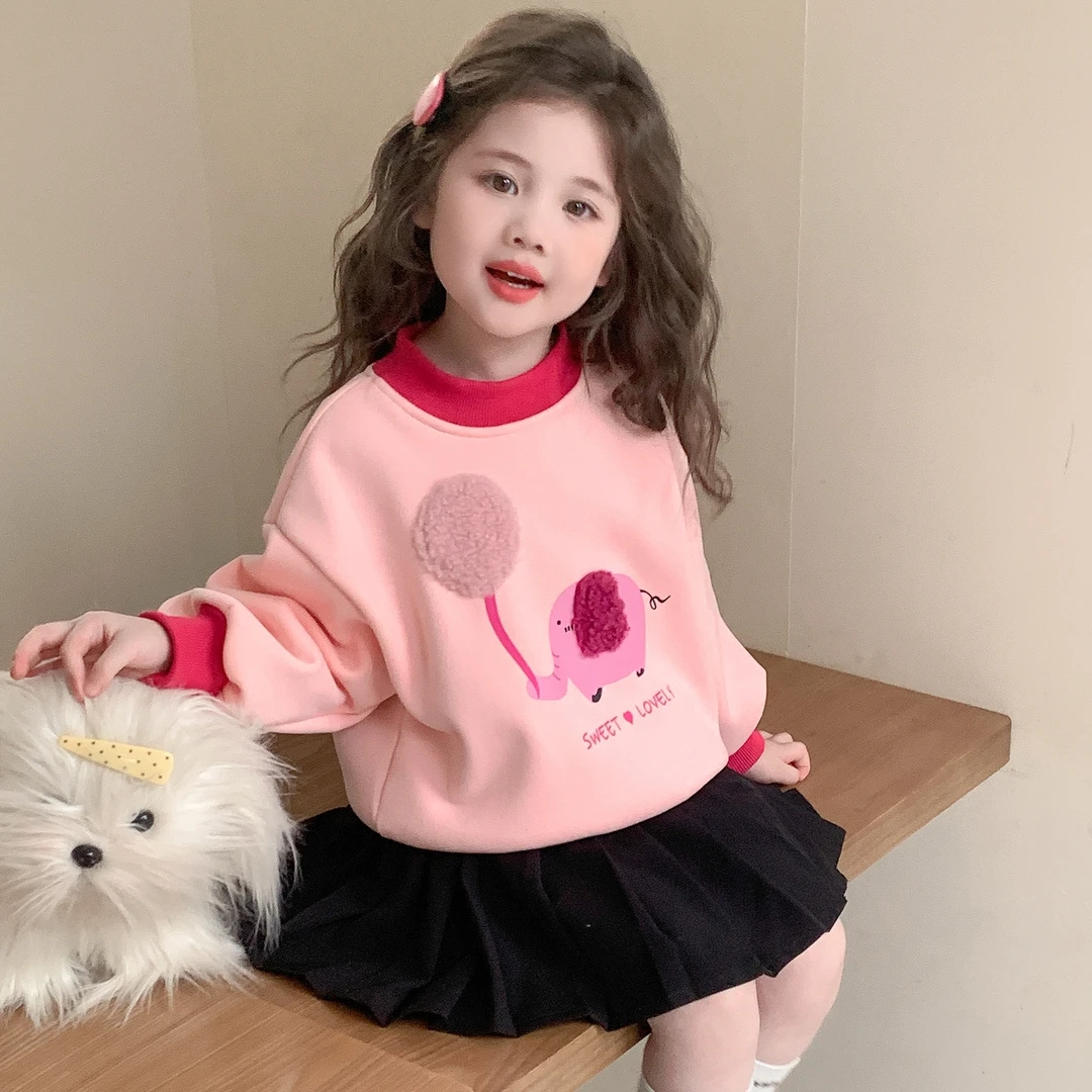女童加绒卫衣2025秋冬新款洋气儿童卡通冬装小女孩打底衫粉色上衣