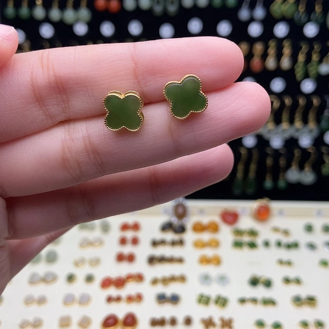 和田玉银S925镀金镶嵌耳饰