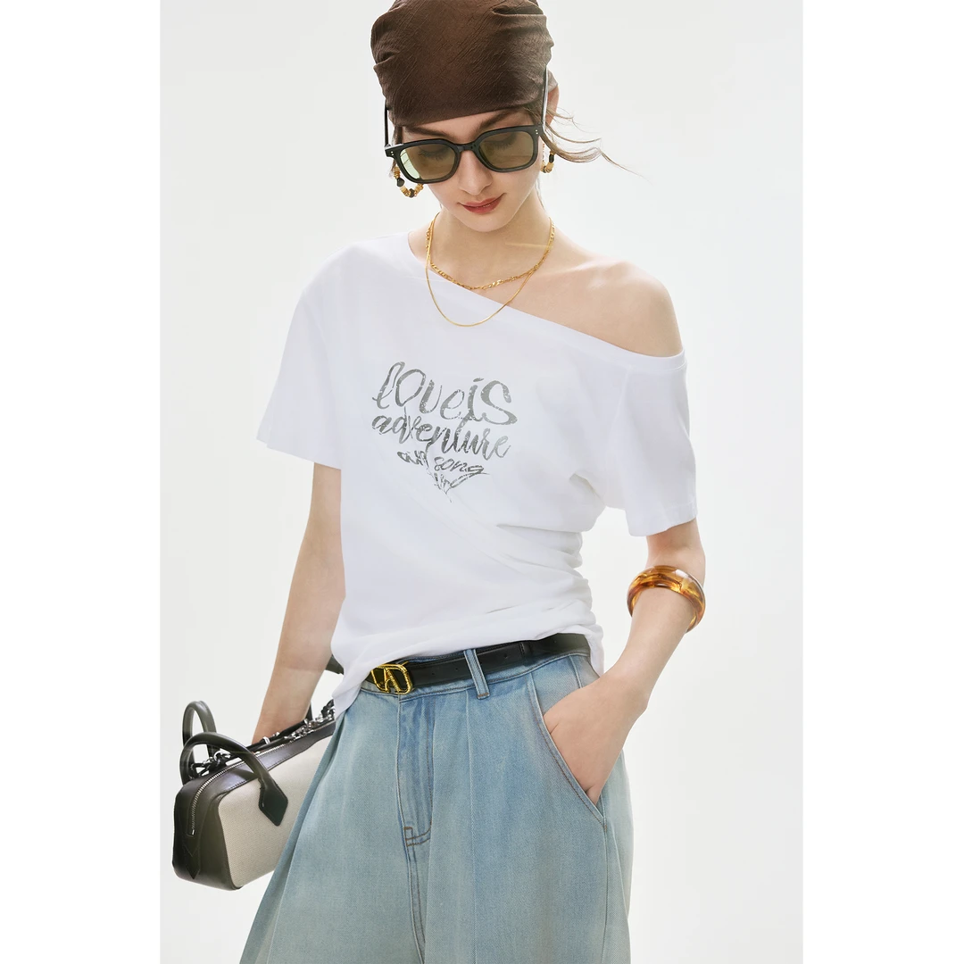 ANNASPEAK董璇黄奕同款夏季干爽汉麻印花斜肩设计感捏腰短袖T恤女