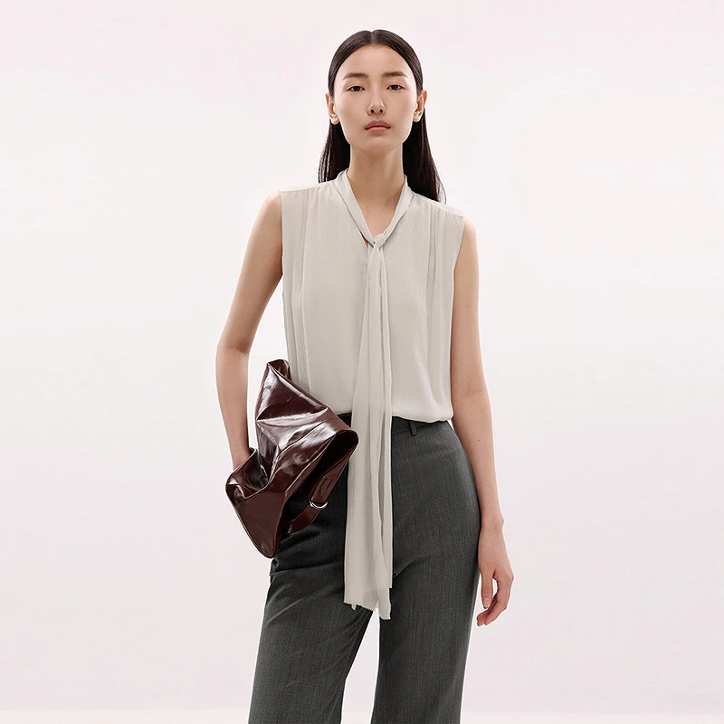 LANCY/朗姿【商场同款】简约衬衫无袖气质飘带领小众常规款夏季通