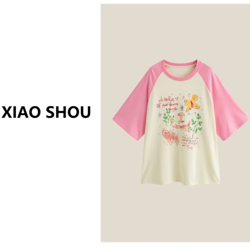 【李小瘦大码女装】短袖时尚女士卡通圆领百搭纯色高级T恤800D