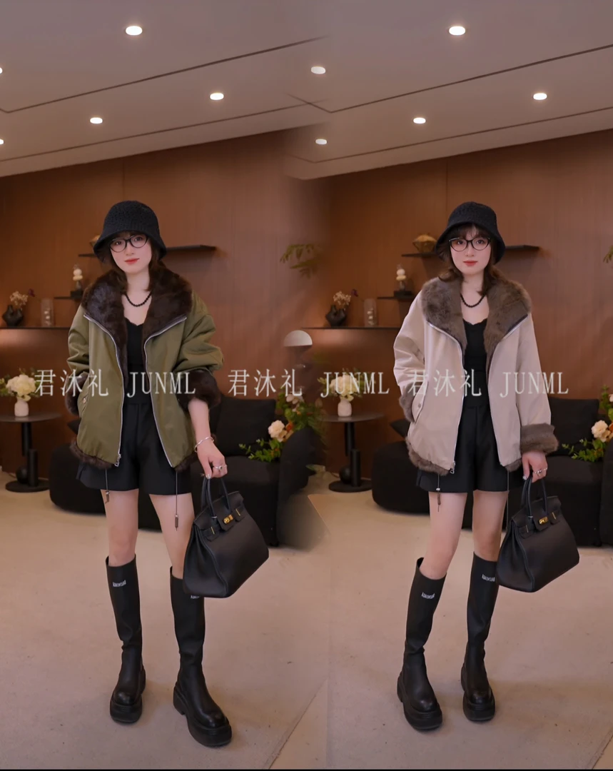 2025秋冬新款休闲时尚兔毛一体双面穿皮草派克外套 2508