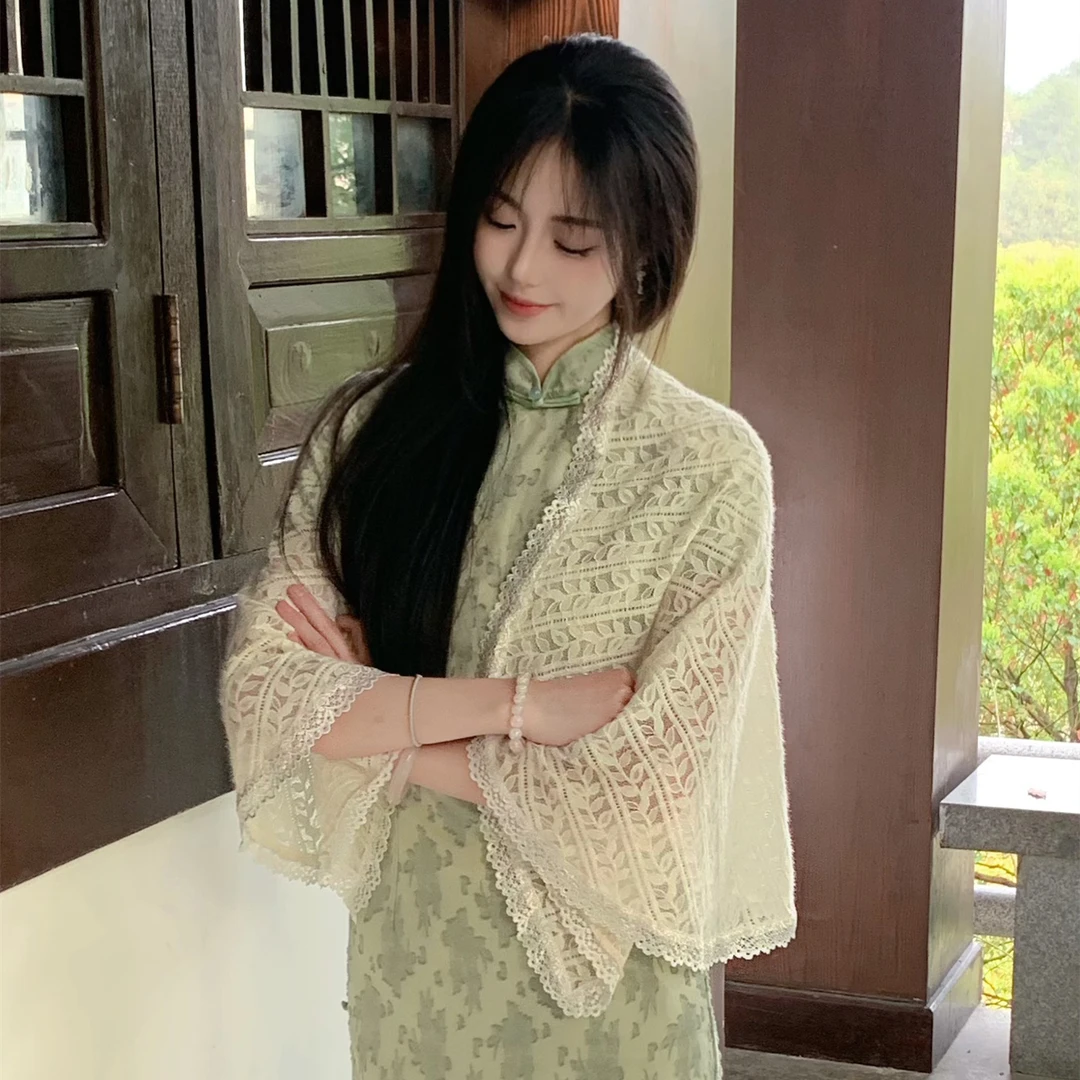 阳潮皖美国风新中式披肩护颈旗袍披风女旅游春夏开衫外搭百搭蕾丝