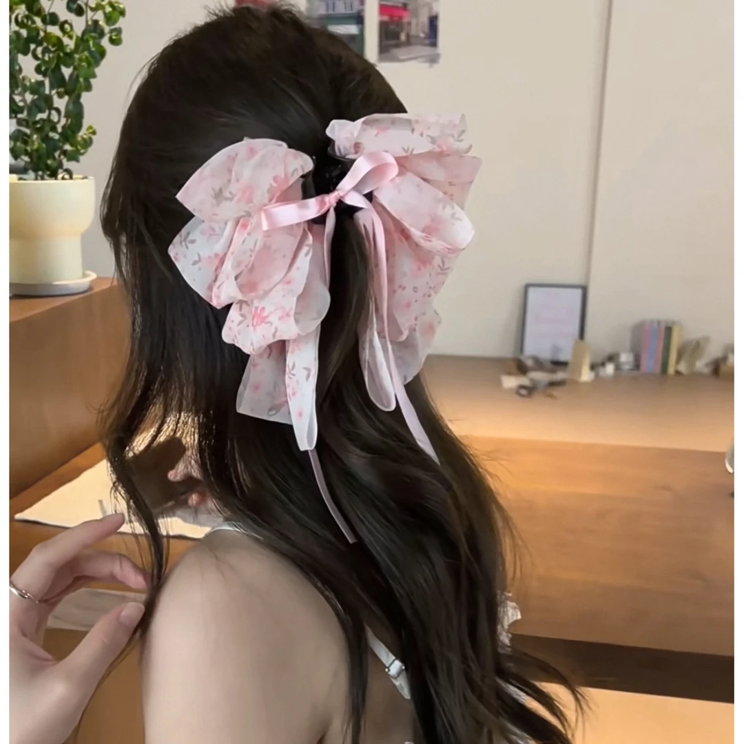 超仙碎花蝴蝶结飘带发夹优雅高级感后脑勺半盘发抓夹鲨鱼4422