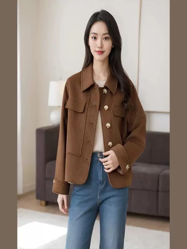 秋冬季新款系带保暖双面羊毛呢大衣8021-2410