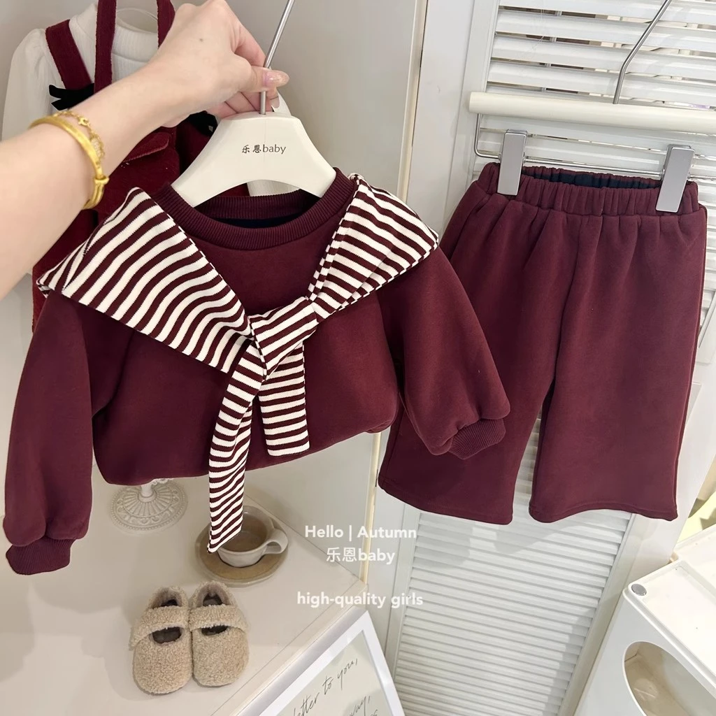 女童红色加绒套装2025春季新款儿童女宝宝条纹披肩卫衣长裤套装潮