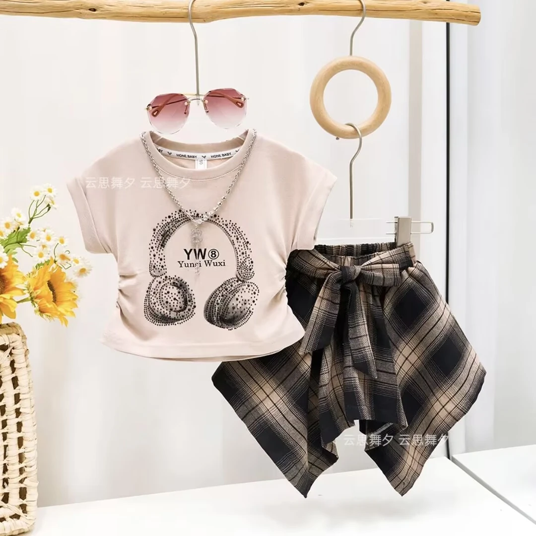亲子装2025夏季套装女童短袖韩版宽松不规则短裤母女装洋气格子裤