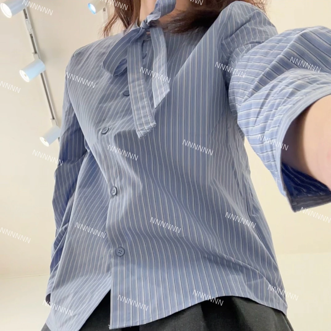 【鸢尾】小众绑带条纹长袖衬衫秋季气质百搭宽松显瘦女装