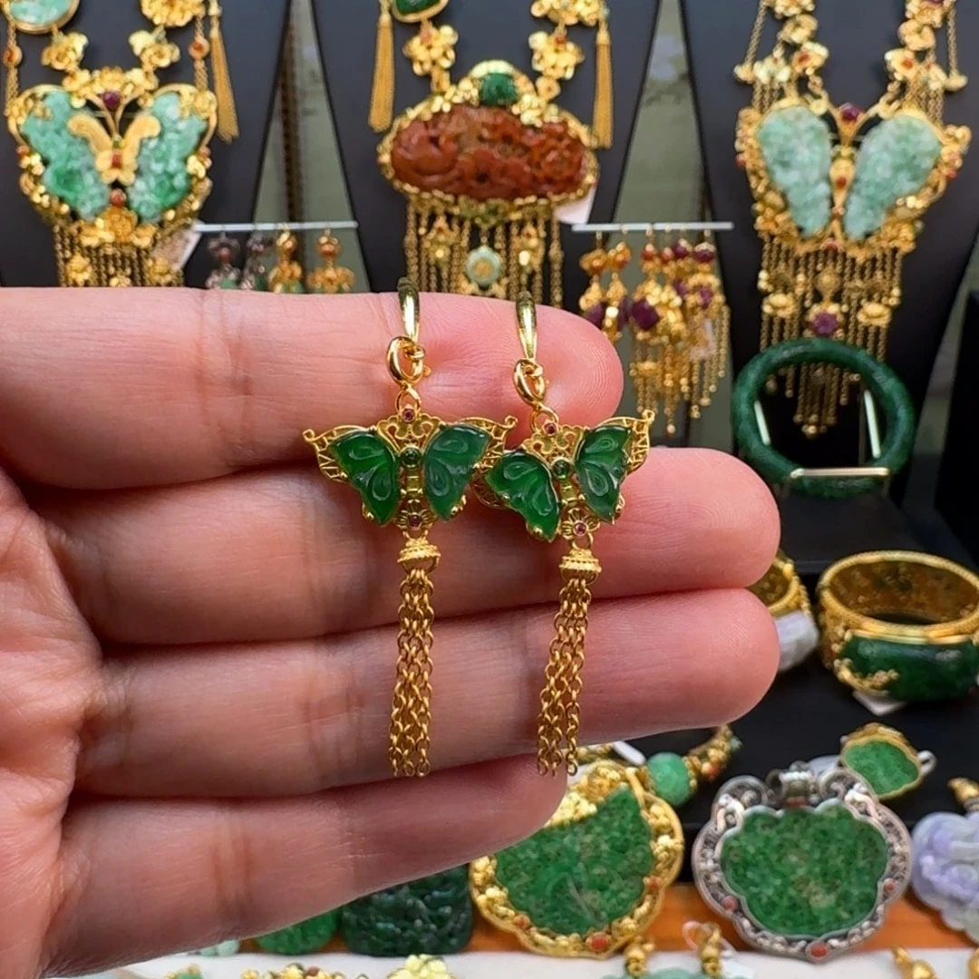 翡翠银S925镀金镶嵌颈饰耳坠 炸价