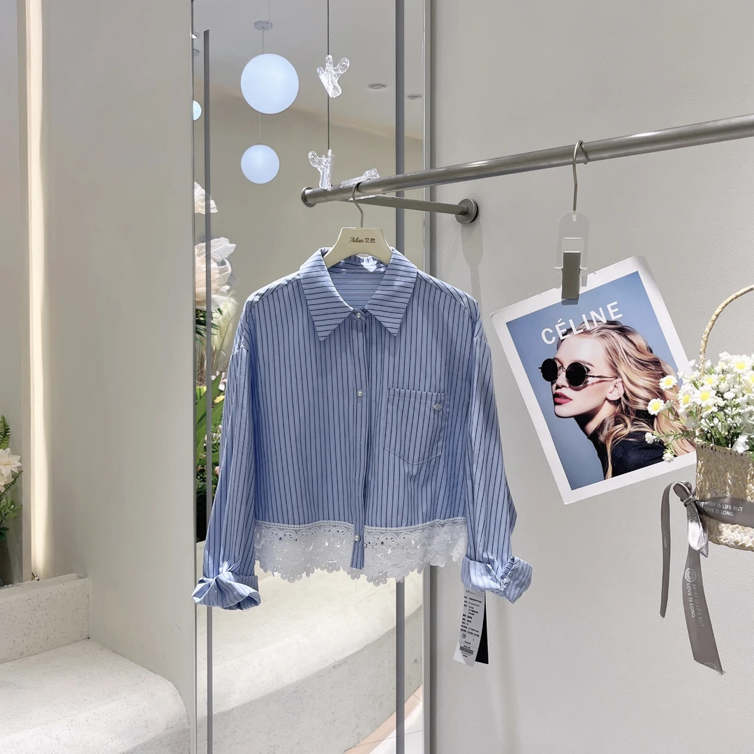 蕾丝气质条纹衬衫春装新款女装精致小姐姐穿搭短款上衣女 5A122Y5