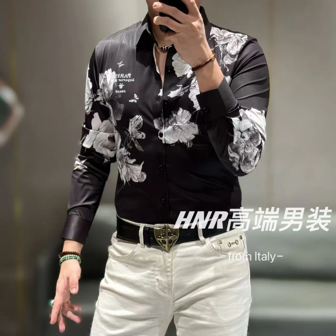 水墨画牡丹花5D康利直喷奥钻点缀工艺弹力莱卡面料新款衬衫82532