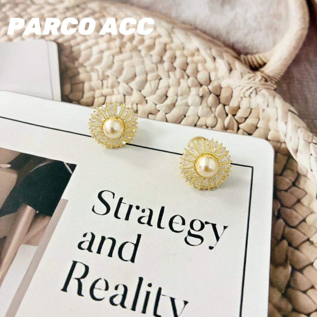 铜合金合成锆石耳饰 H605 金色满锆罗盘耳钉