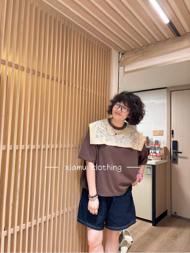 夏沐家腰果花披肩领休闲棉T恤392