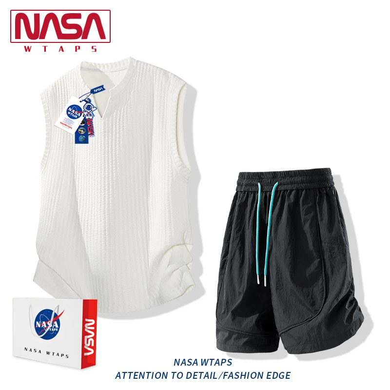 NASA WTAPS冰丝运动休闲套装男士潮流美式宽松百搭背心短裤一整套