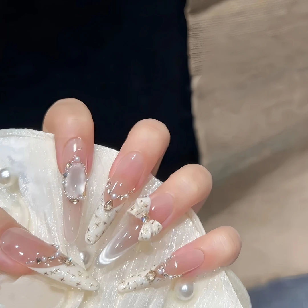 【白色恋人】手工穿戴甲法式猫眼高级氛围感显白中长款美甲穿戴甲片