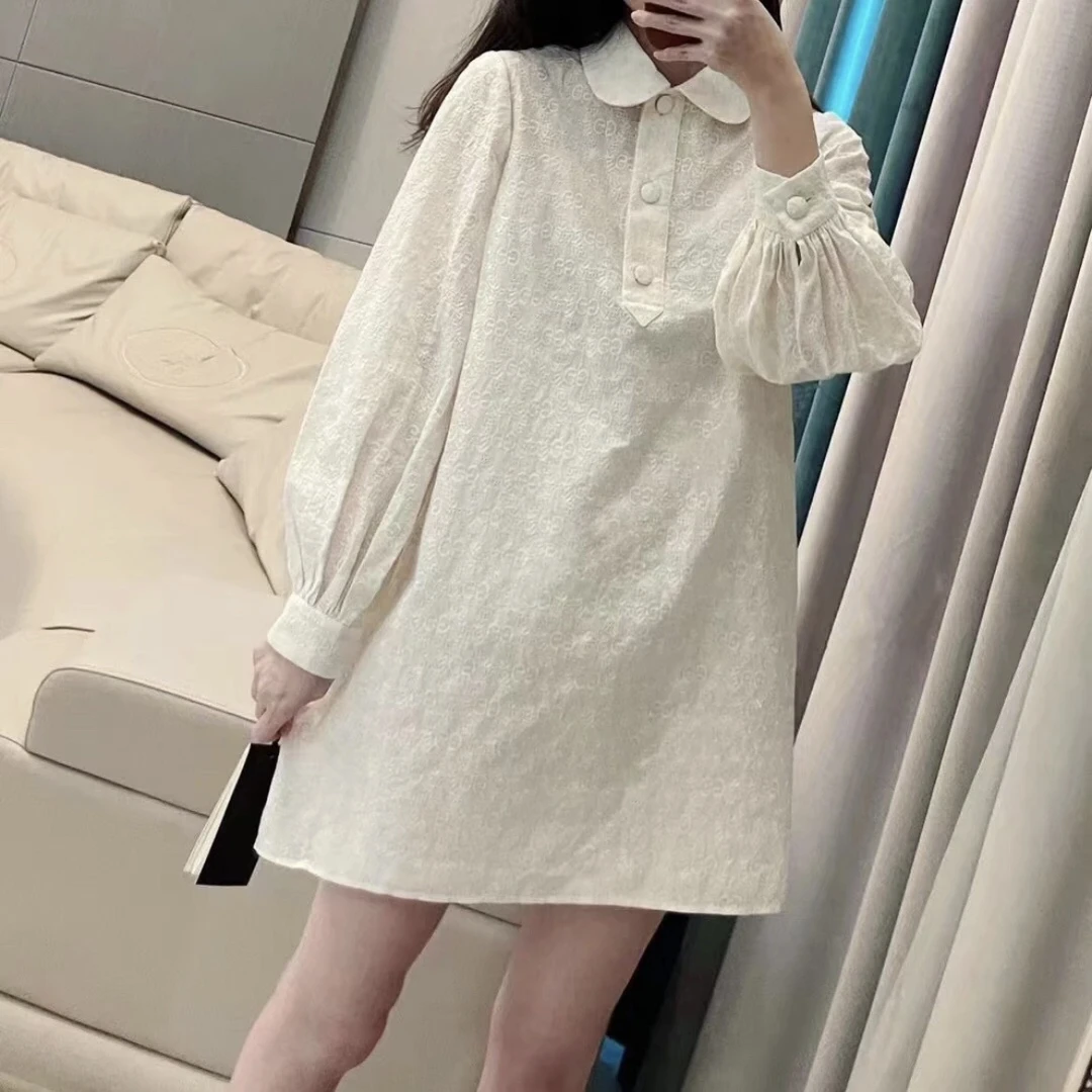 99新 GUCCI/古驰 GUCCI灯笼袖棉质落肩袖衬衫裙38码/E50749带内衬