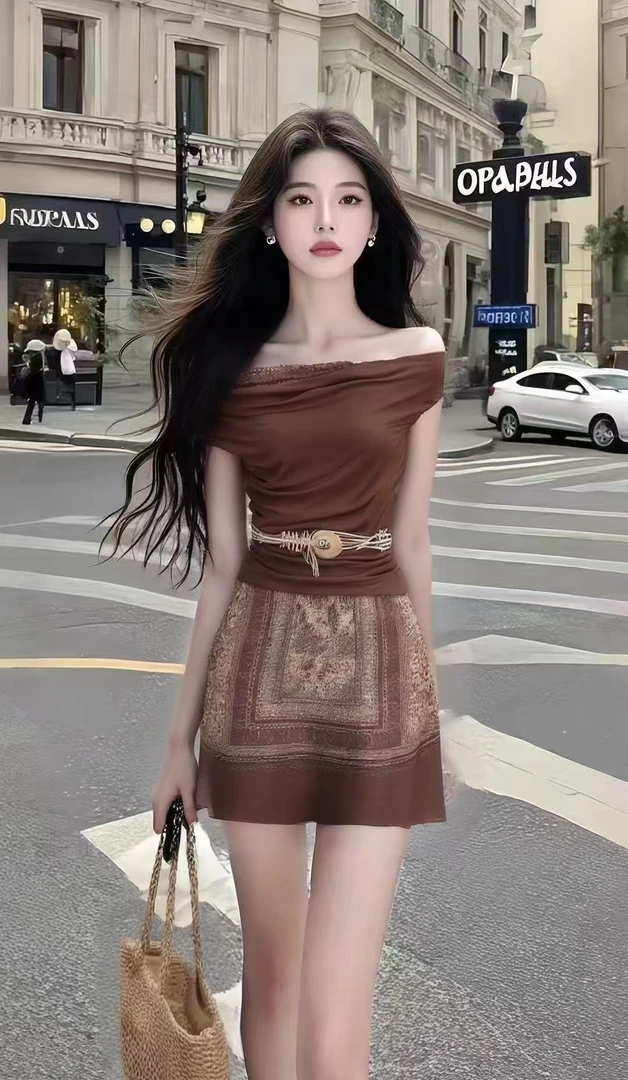 夏季新款时尚棕色一字肩修身收腰轻奢法式连衣裙女温婉显瘦氛围感