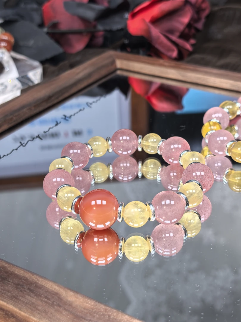 【乐天派6分】天然水晶草莓晶黄萤石玛瑙