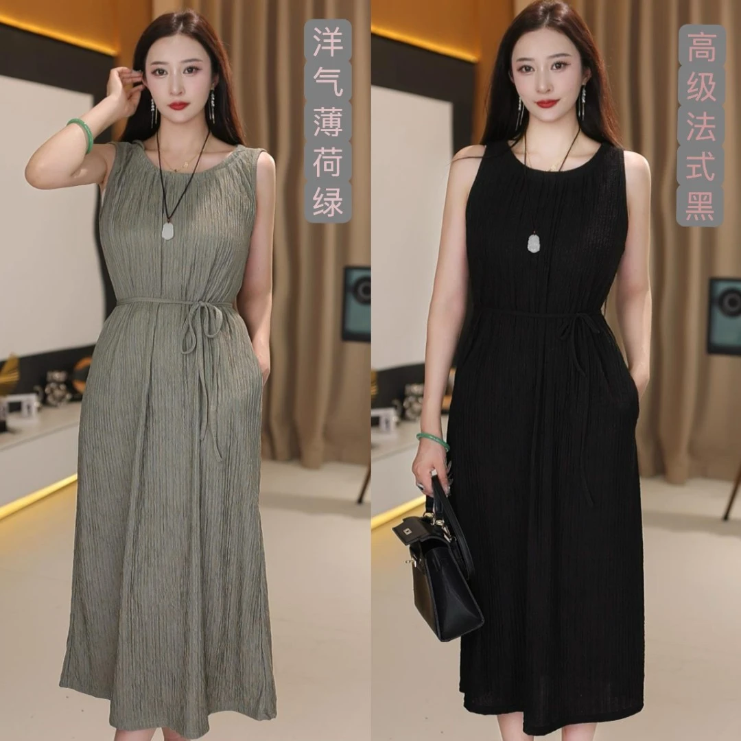 法式连衣裙女夏季新款时尚复古简约慵懒风无袖百搭宽松气质连衣裙