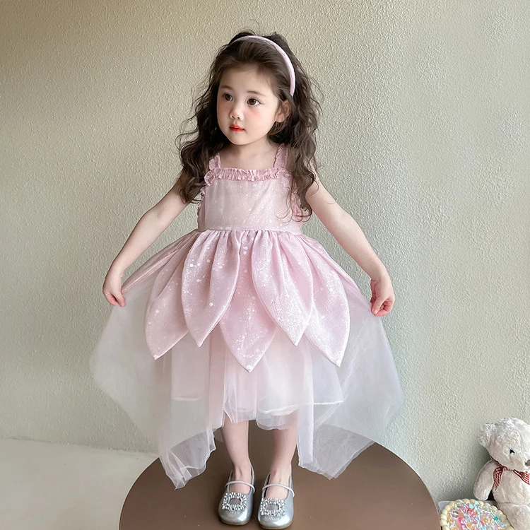 女童粉红色哪吒潮款公主纱裙高端吊带连衣裙儿童宝宝生日礼服裙子