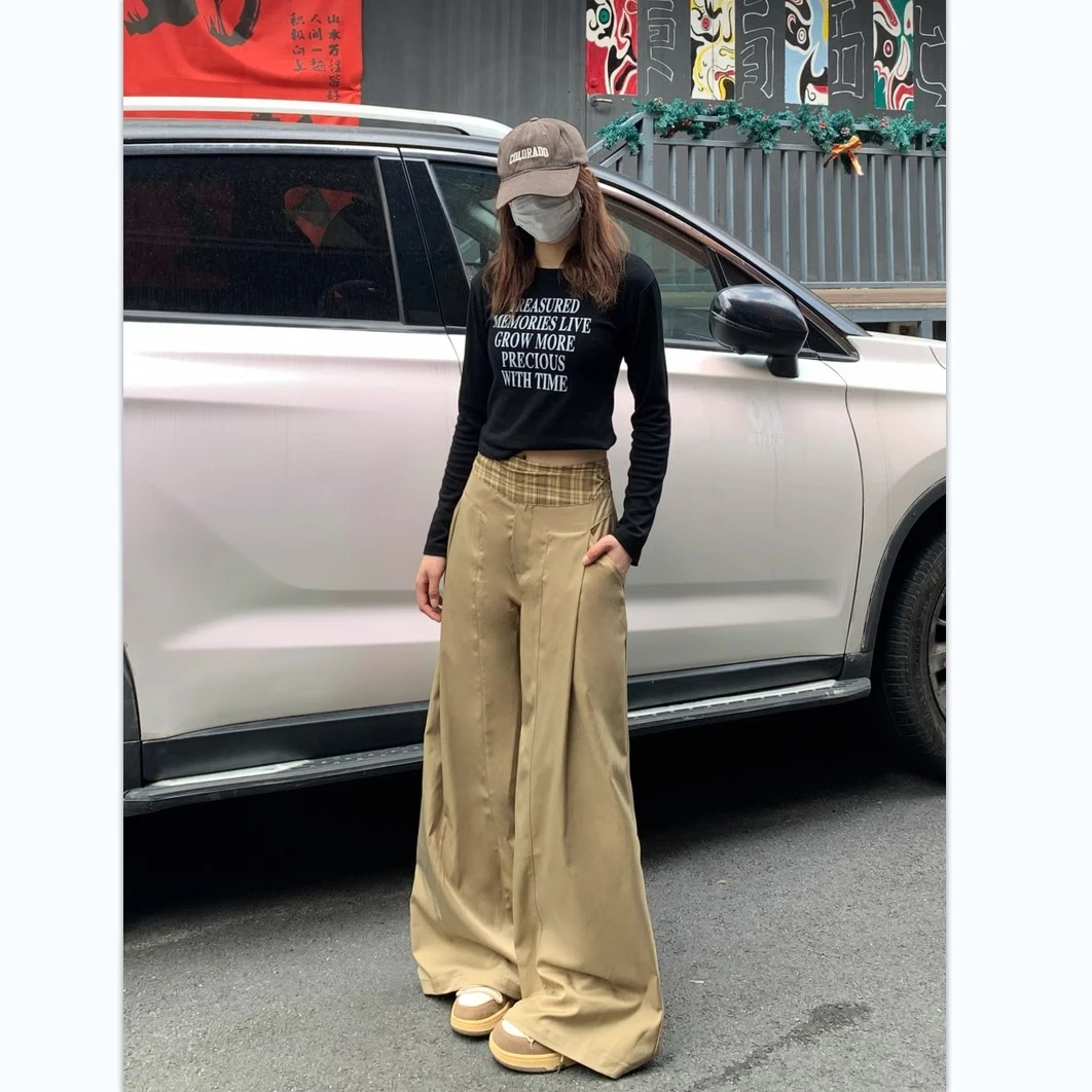 甜酷辣妹卡其色高腰阔腿裤女春夏新款格子拼接设计宽松休闲直筒裤