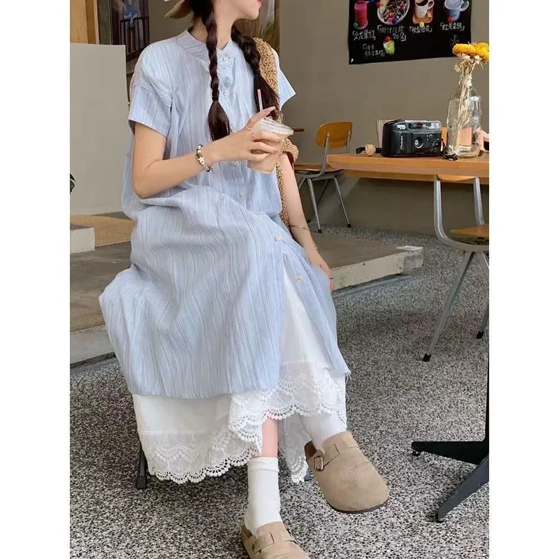 蓝色条纹短袖衬衫连衣裙女夏季2025新款韩系宽松中长款叠穿两件套