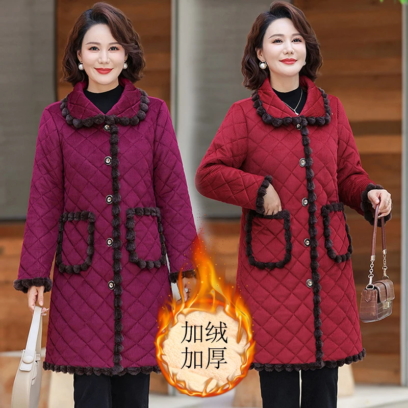 妈妈棉衣冬季加绒罩衣保暖中老年中长款加厚居家睡衣外套网红爆款