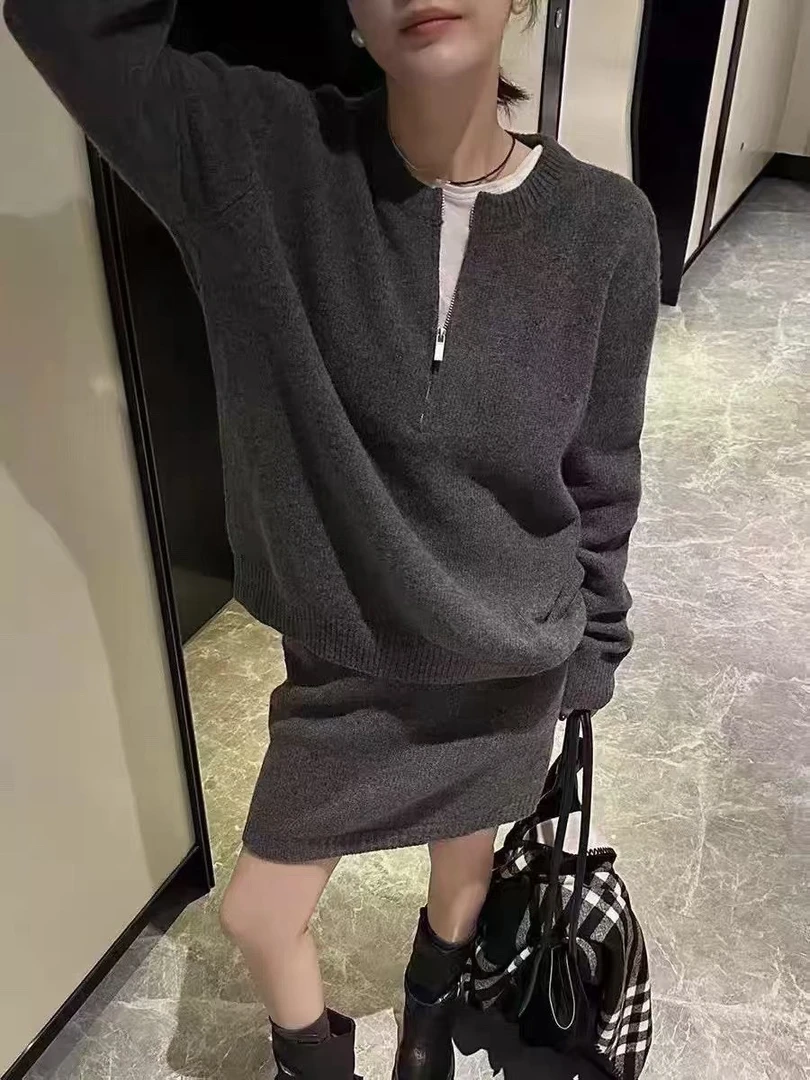 2025早春新款半拉链套头毛衣针织裙两件套休闲套装