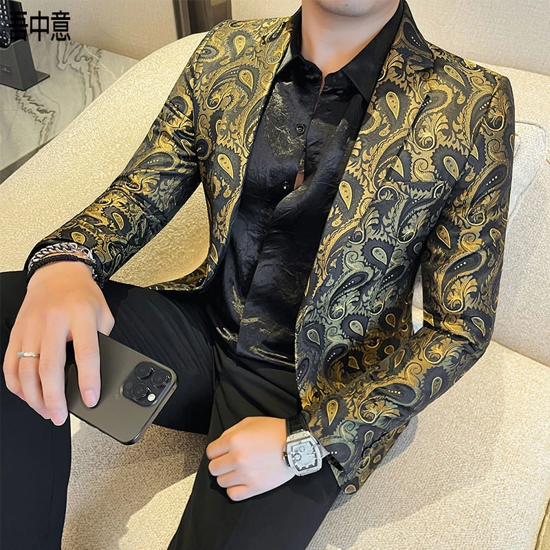 高级感花西装外套男款爆款2025新款春秋商务休闲痞帅休闲西服男