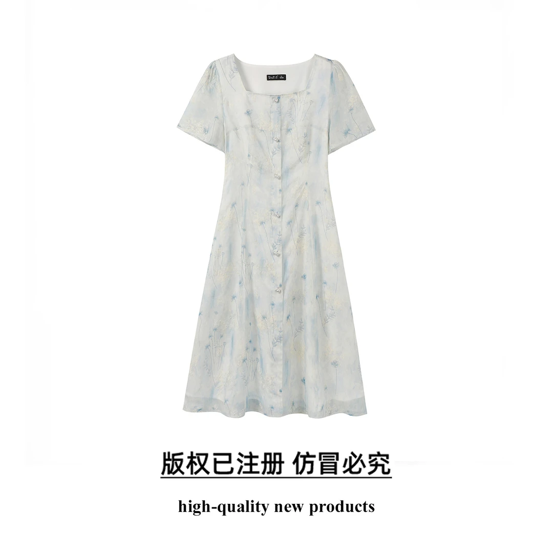 奢姿大码女装2025夏季减龄碎花设计时尚连衣裙胖妹妹方领轻奢裙子