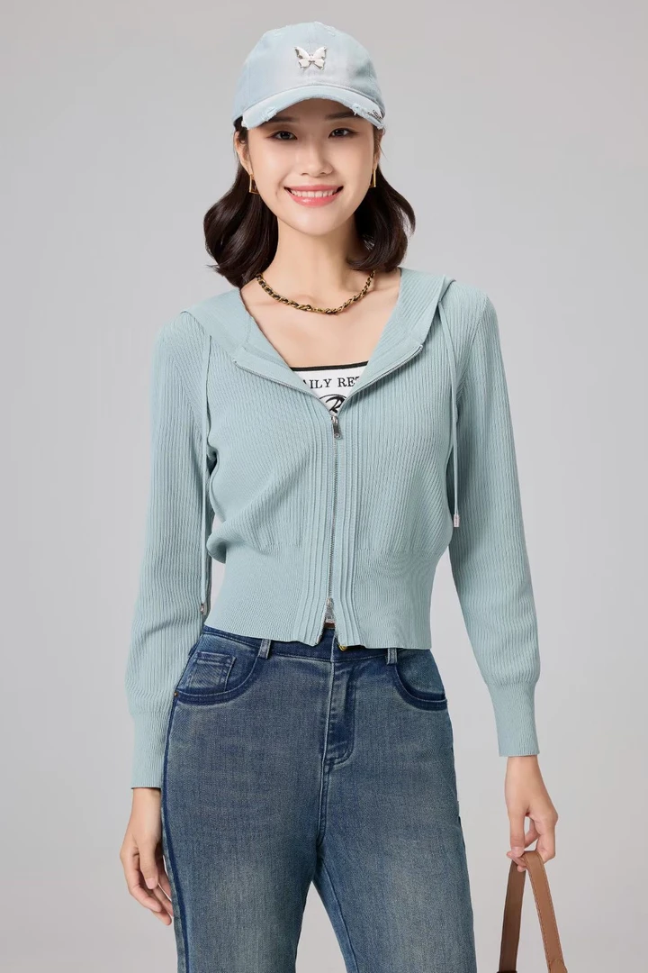 姚领YAOLY早春新品松棕绿色开襟毛衫上衣