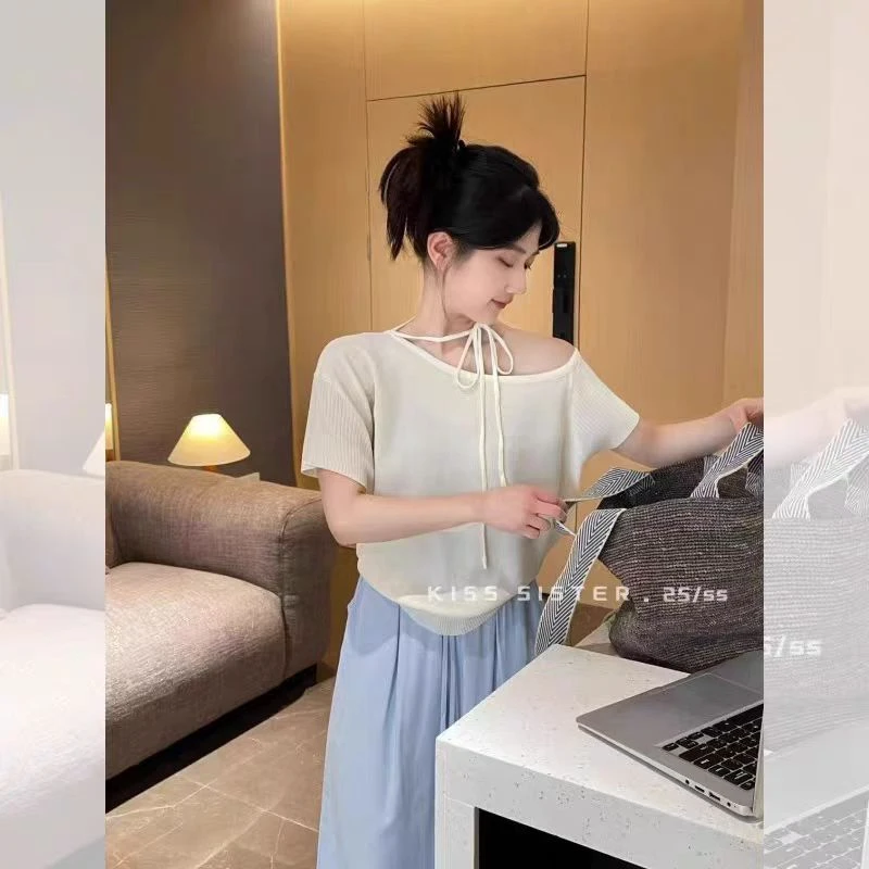 法式独特别致绝美挂脖斜肩上衣女夏季小个子短款冰丝针织短袖t恤