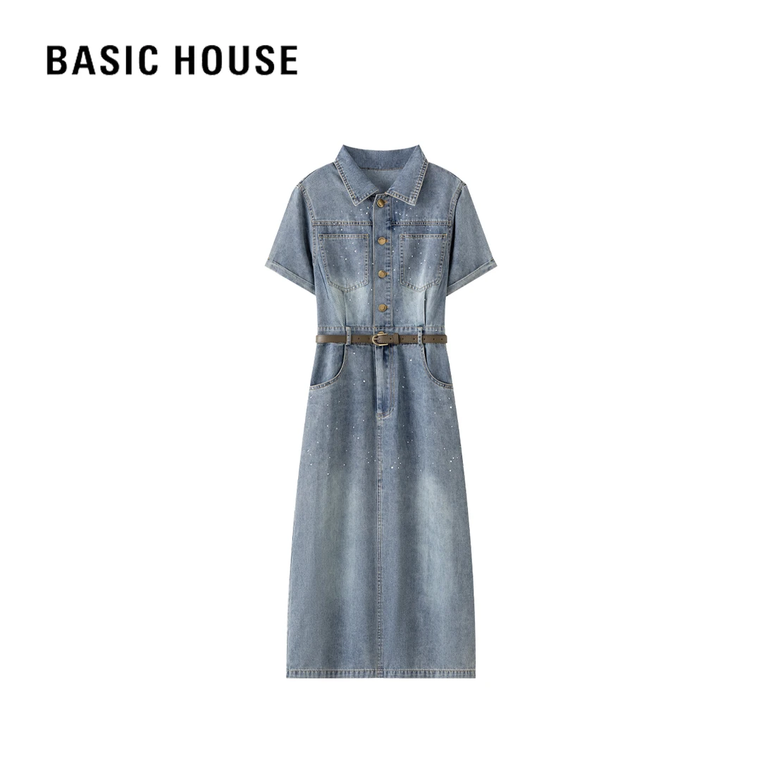Basic House/百家好「至臻奢品系列」休闲时尚气质显瘦牛仔连衣裙选