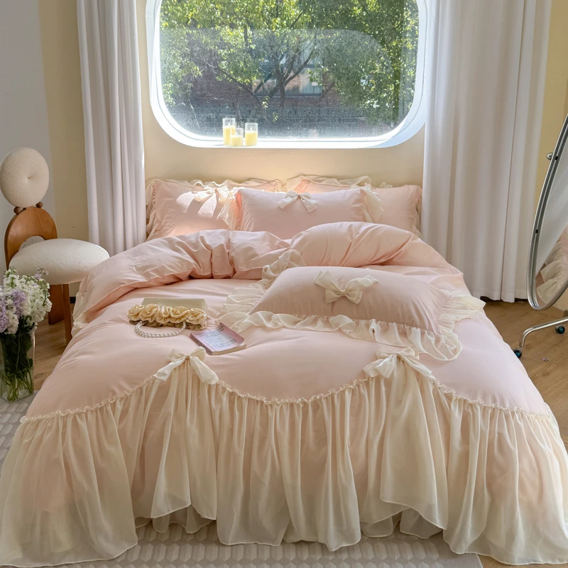 100支全棉雪纺花边手工韩式蝴蝶结被套四件套-小仙女