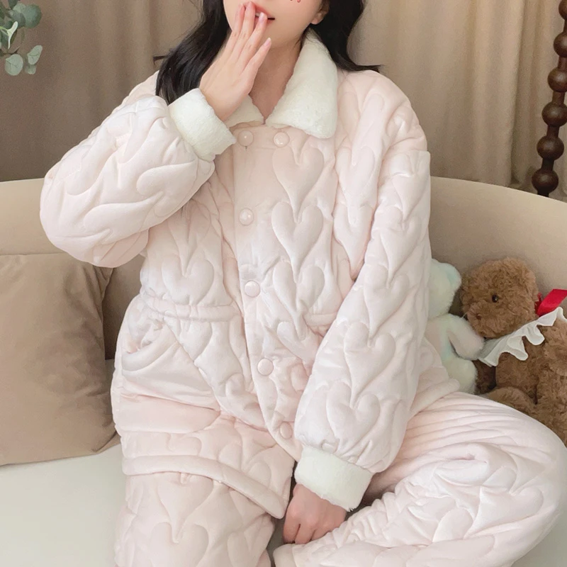 [5682] 三层夹棉睡衣长袖冬加厚冬季家居服套装甜美风韩版女士