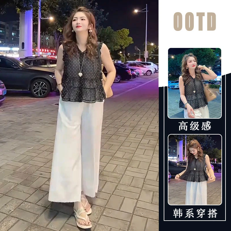 法式波点V领透气无袖上衣2025夏季新款小香风休闲减龄时尚两件套