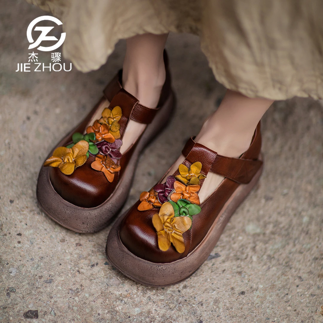 杰骤春秋头层牛皮民族风松糕厚底鞋女手工真皮复古单鞋舒适妈妈鞋