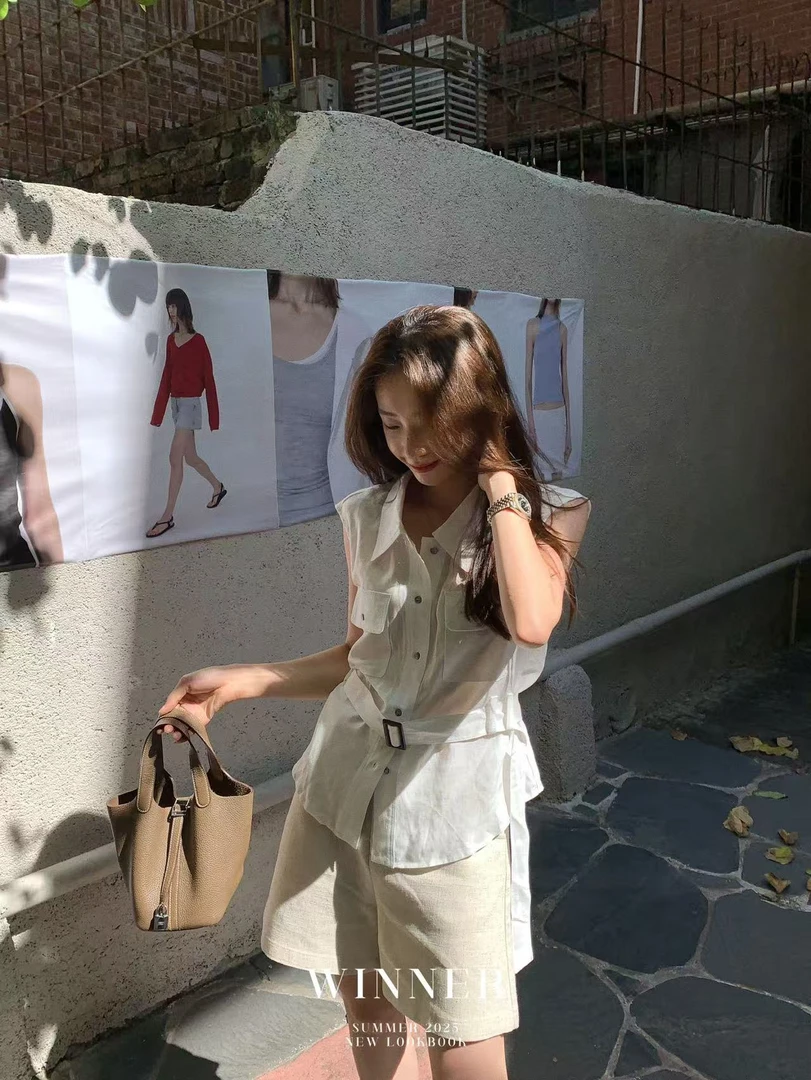 6980 韩系简约设计感收腰无袖衬衫 w