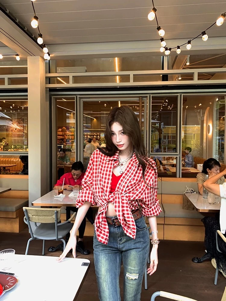 红色格子长袖衬衫女秋季防晒外套慵懒风宽松显瘦衬衣气质开衫上衣