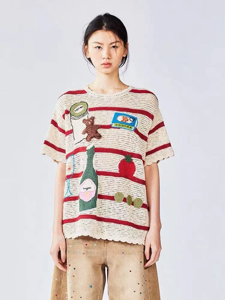 UOOYAA/乌丫2025夏季新款「爱与食物」手钩手绣毛衫T恤2799