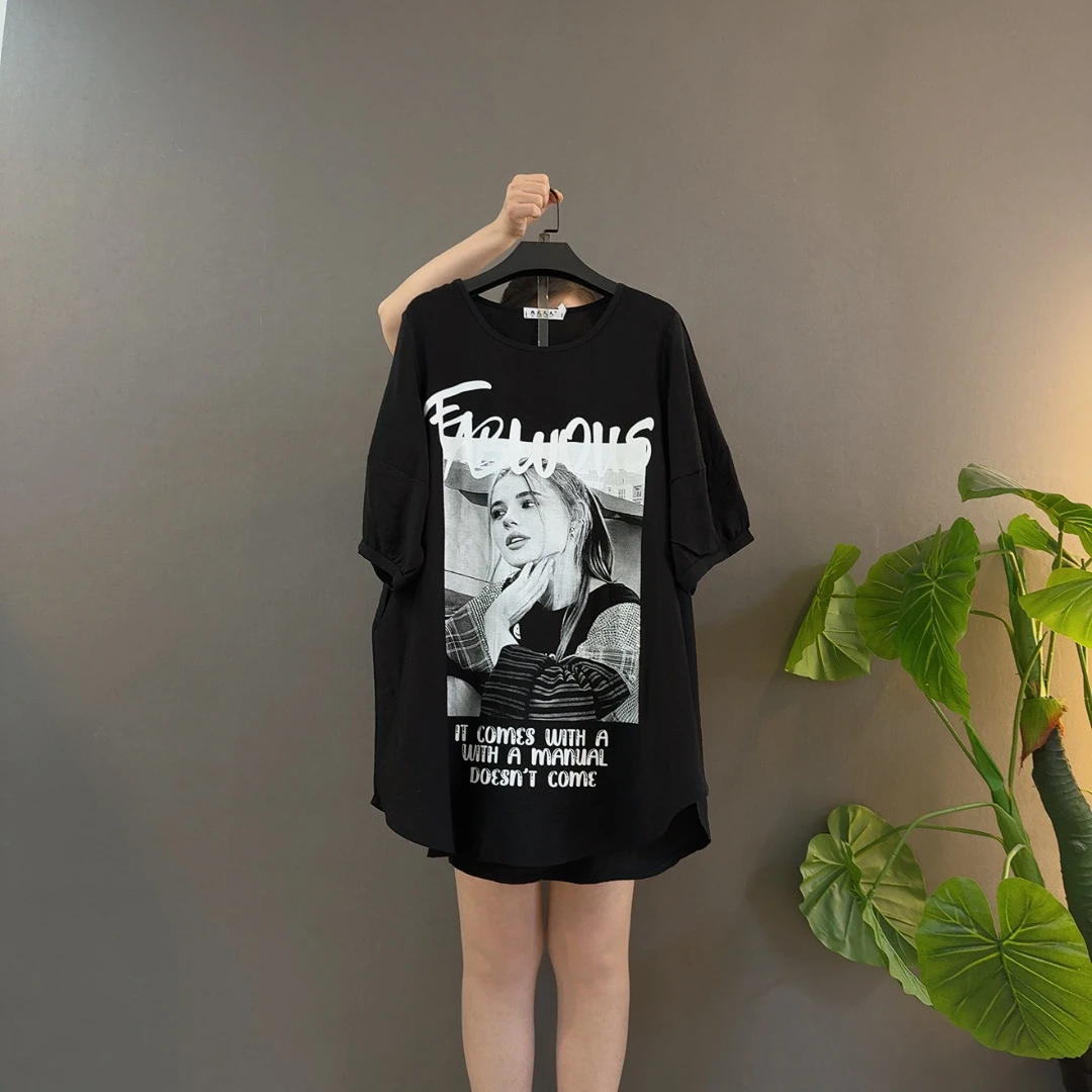 宽松型T恤黑色半袖卡通宽松百搭女士潮流印花设计师夏季时尚