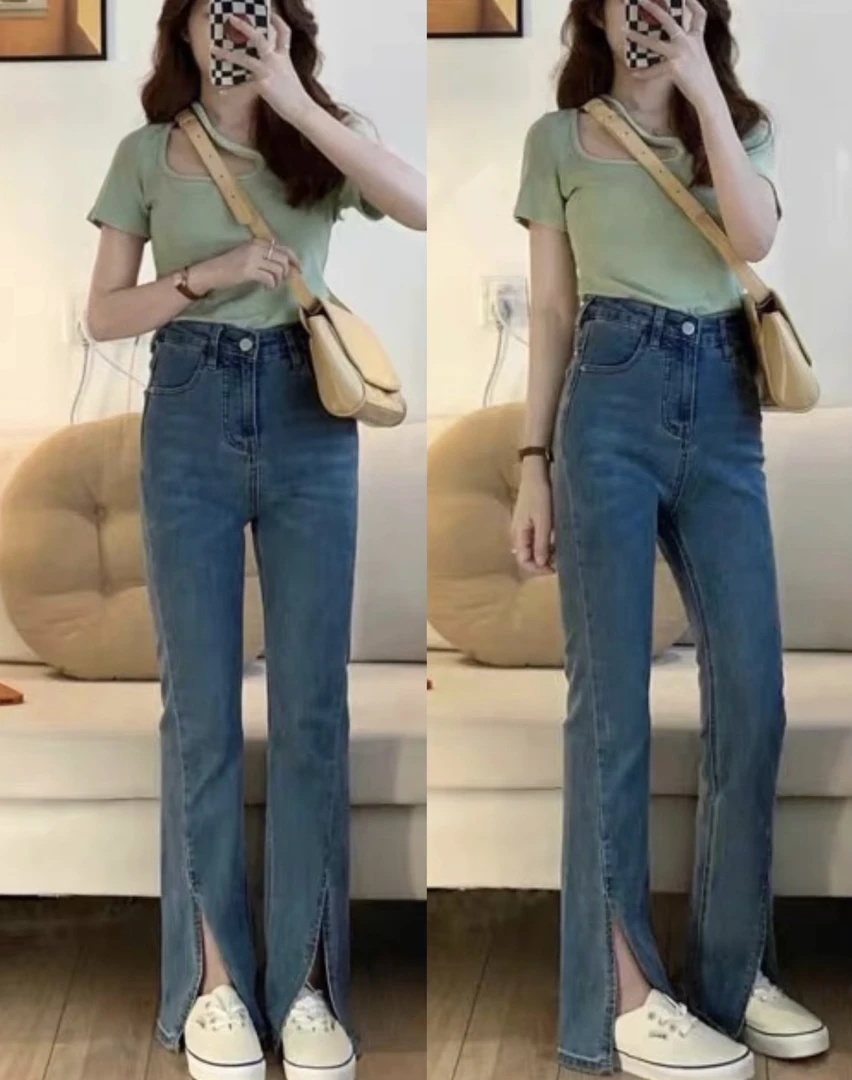 Sp～夏季高弹力前开衩修身直筒拖地牛仔裤（实拍看图三）